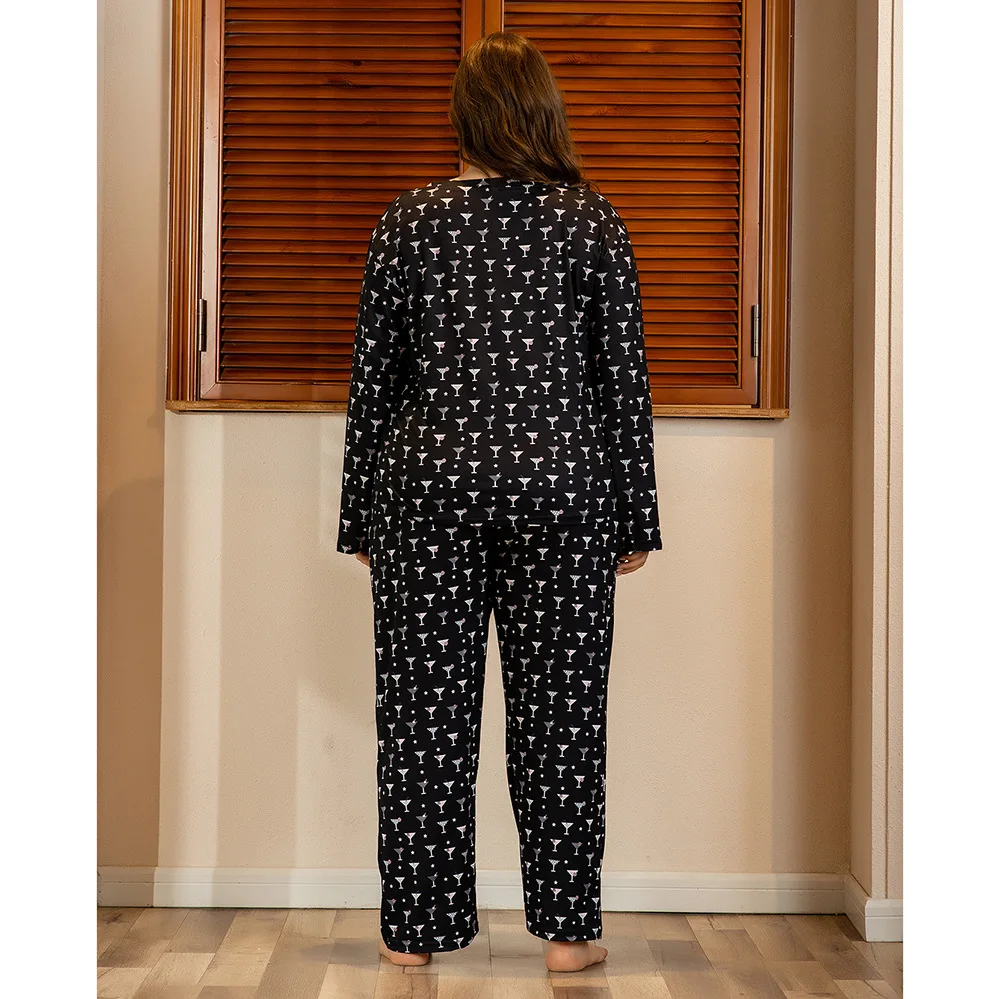 DOIB Plius Dydis Sleepwear Nustatyti Moterų Black Print T-Marškinėliai, Kelnės Didelio Dydžio Homewear Dviejų dalių Kostiumas naktiniai drabužiai Sleepwear Pižama