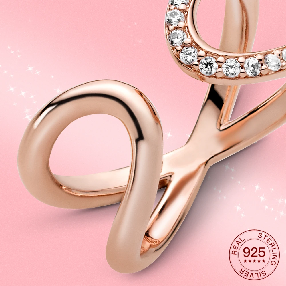 Nekilnojamojo 925 Sterlingas Sidabro žiedas Begalybės simbolis Rožė aukso žiedas Putojantis CZ moterų mados juvelyrikos žiedas dovana