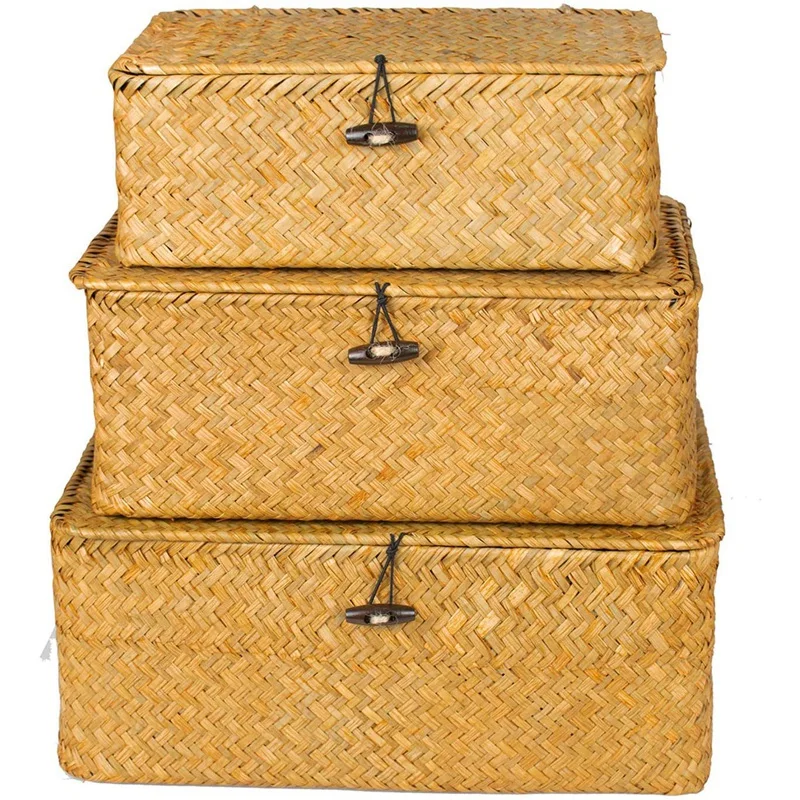 Audiniai iš Vytelių Saugojimo Dėžės su Dangčiu - 3 - Stačiakampio formos Seagrass Krepšelis/Saugojimo Krepšys Už Lentynos Organizatorius