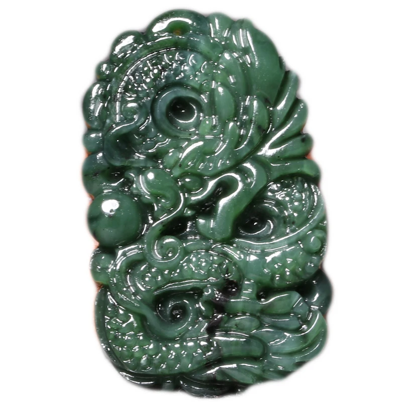 Natūrali Tamsiai Žalia HeTian Jade Karoliai Vyrų Nacionalinės Stiliaus Rankų Darbas Raižyti Dragon Pasisekė Amuletas Pakabukas Fine Jewelry