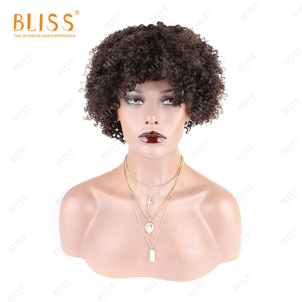 BLISS Trumpas Afro Keistą Garbanotas Žmogaus Plaukų Perukai Už juodaodžių Moterų Pigūs Brazilijos Perruque Bouclé Su Kirpčiukais Pakraštyje Mašina Padarė