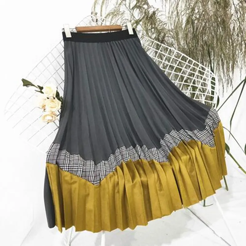 Rudenį 2018 nauja, moterų ilgas klostuotas sijonas moterims spalvų siūlėmis grotelės sijonai mergina