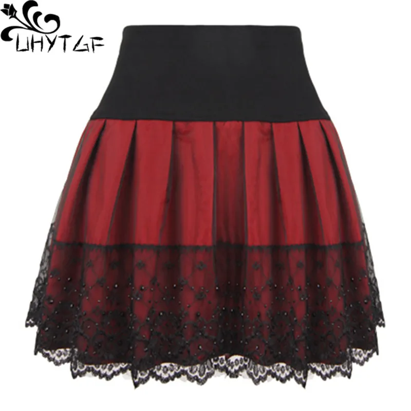 UHYTGF Moteris Rudens-žiemos sijonai raudona juoda aukšto juosmens klostuotas sijonas moterų Mados plius dydis pettiskirt laukinių plonas, trumpas sijonas 28