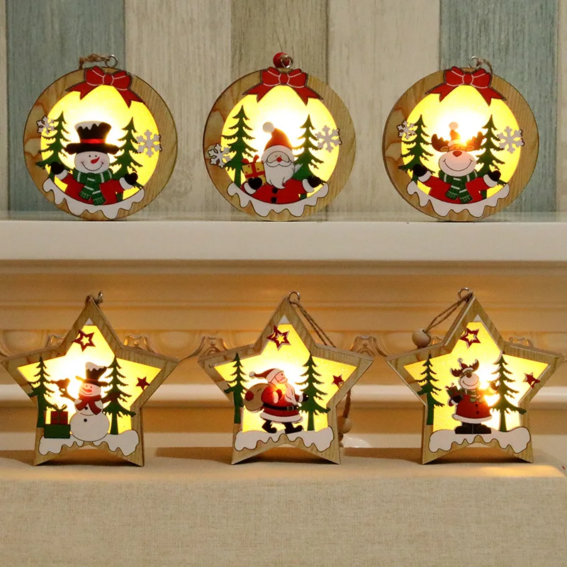 Medienos Kalėdų LED Šviesos Kalėdų Eglutės Kabo Pakabukas Kalėdų Senelio Kalėdos Namų Puošybai Ornamentu Star LED Šviesos 