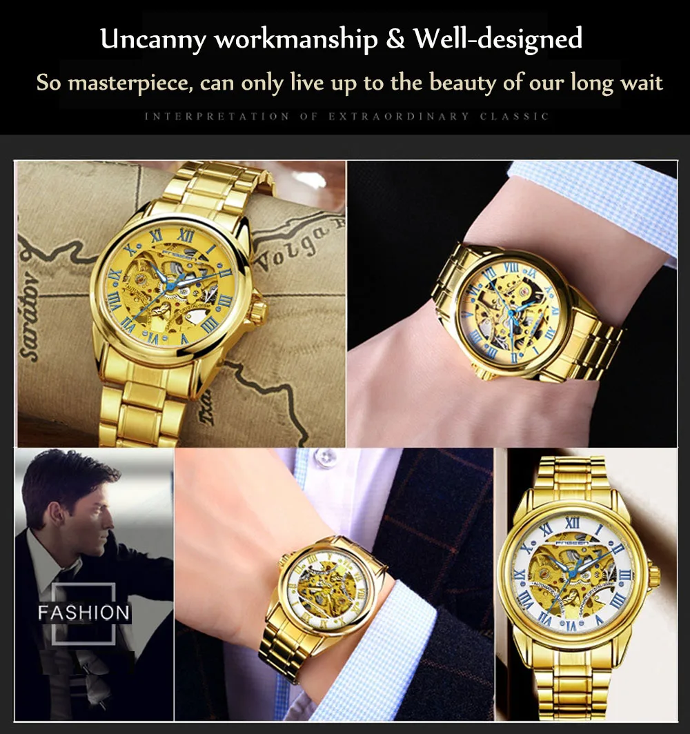 Fngeen vyrų mechaninis laikrodis vyrams, tuščiaviduriai mechaninis laikrodis verslo laisvalaikio vandeniui tris aukso žiūrėti aukso laikrodžiai