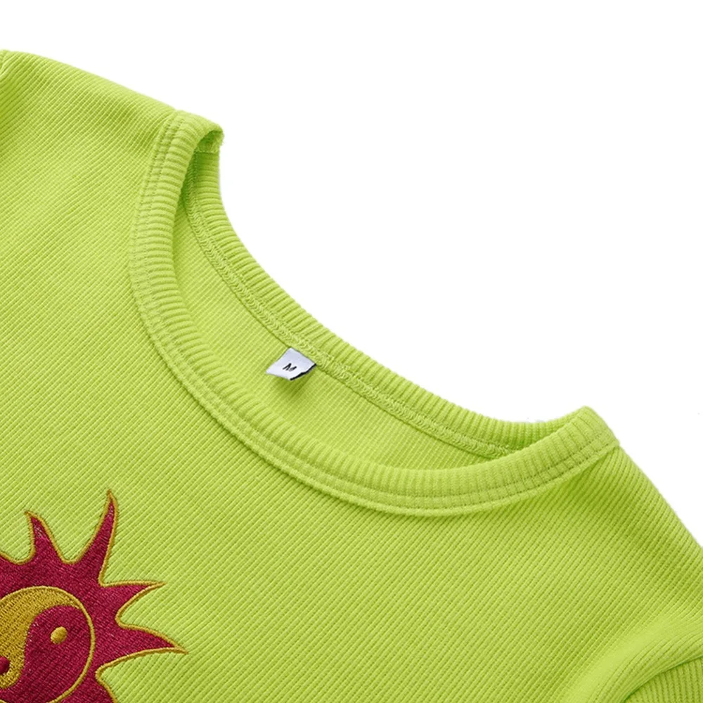 Naujas Mados briaunoti neoninė žalia vasaros marškinėliai trumpomis rankovėmis Saulės siuvinėjimo apkarpyti viršūnes, t-marškinėliai moterims neon tees atsitiktinis