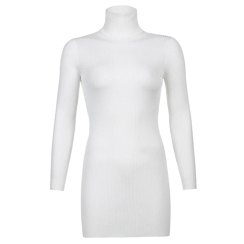HEYounGIRL Atsitiktinis Golfo Bodycon Megzti Suknelę Rudenį Ilgomis Rankovėmis Trumpą Suknelę Moteris Juoda Balta Pagrindinės Elegantiškas Aukšto Kaklo 2021