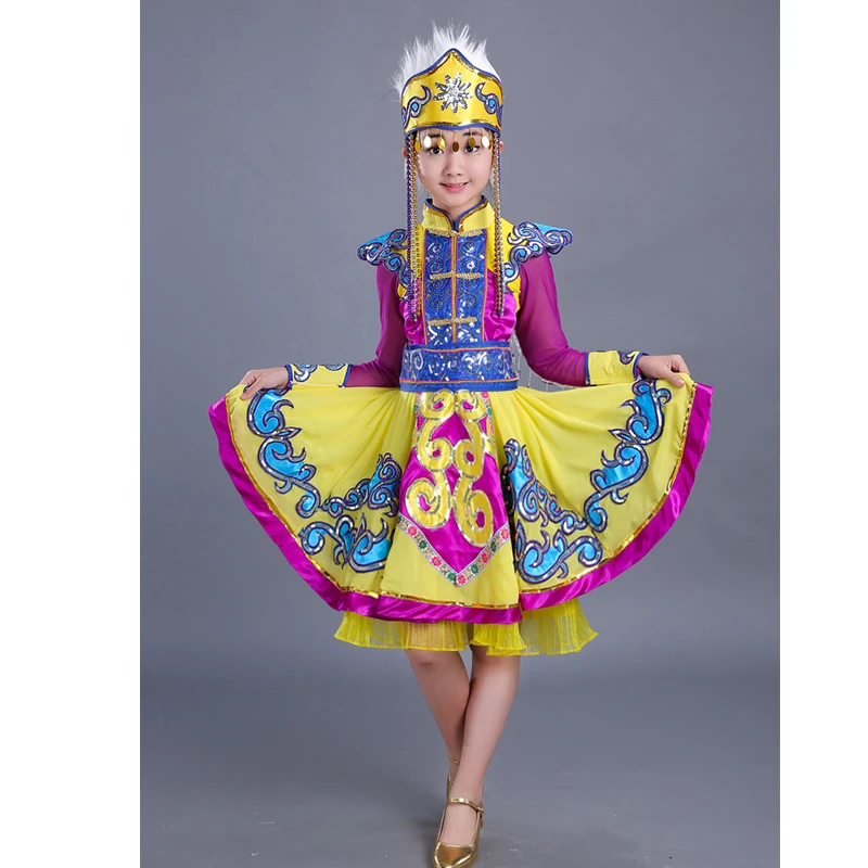 Geltona Vaikų Mongolija Suknelė Etapas, Kinijos Nacionalinių Kostiumų Merginos Hmong Šokių Drabužiai Vaikams Tradicinių Šokių drabužiai, Apranga