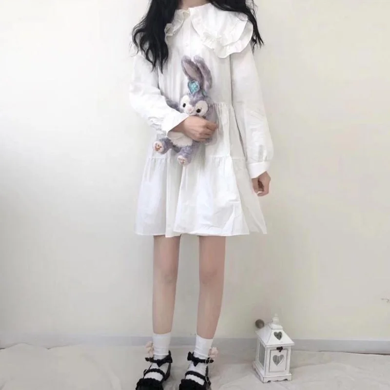 2020 M., Naujoji Kolegija Lolita Stiliaus Susiėmę Visą Rankovės Lėlės Apykakle Suknelė Japonijos Saldus Kawaii Minkštas Mergina Aukšto Juosmens Balta Suknelė Mielas