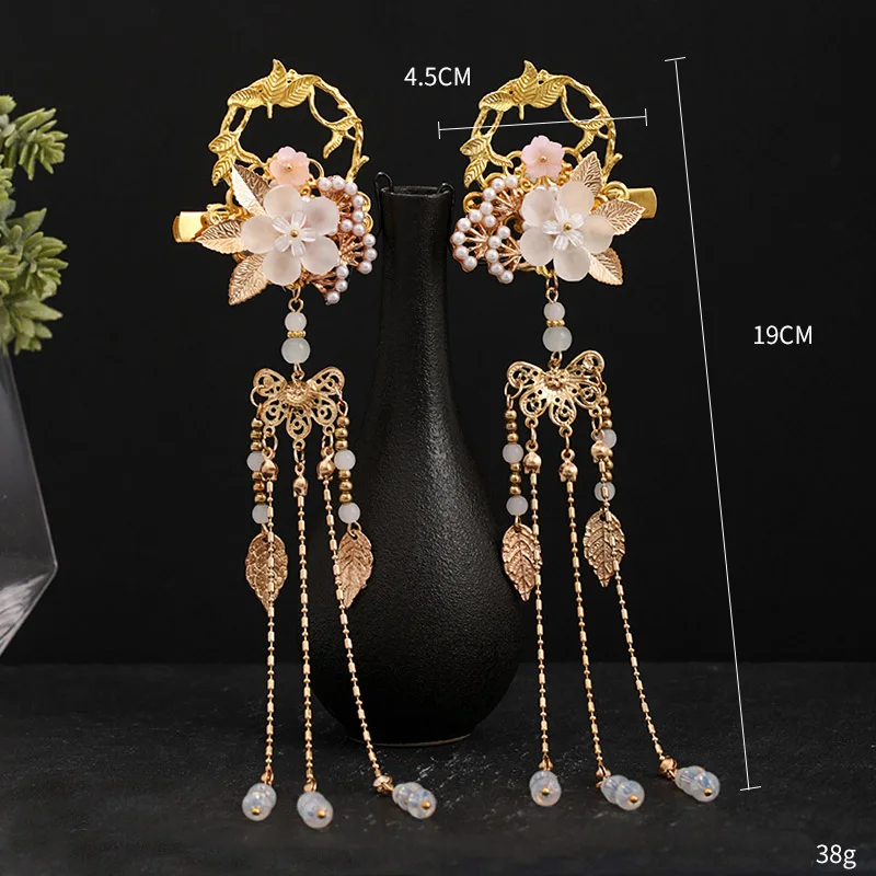 Aukso Spalvos Gėlių Lapų Imituojamas Perlai Plaukų Segtukai Įrašus Ilgai Kutas Žingsnis Purtyti Hanfu Suknelė Headpieces Vestuvių Plaukų Papuošalai