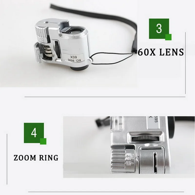 Naujas 60x Kišeninis Didinamasis Stiklas Mini Kišeninis Mikroskopas Loupe UV Valiutos Detektorius Juvelyras, didinamasis stiklas Su LED Šviesos 92TV