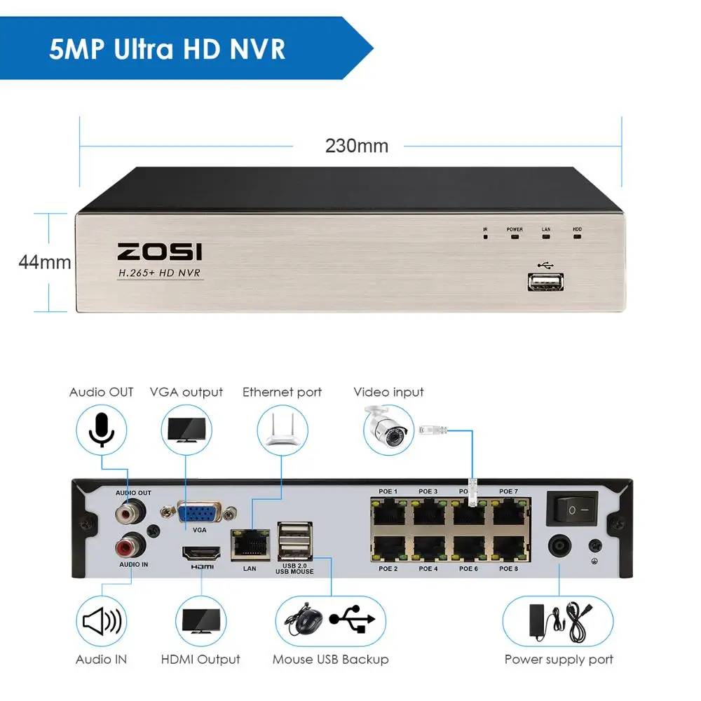 ZOSI H. 265+ 8CH 5MP POE Saugumo kamerų Sistema Kit 8 x 5MP Super HD IP vaizdo Kameros Lauko Vandeniui CCTV Vaizdo Stebėjimo NVR Rinkinys