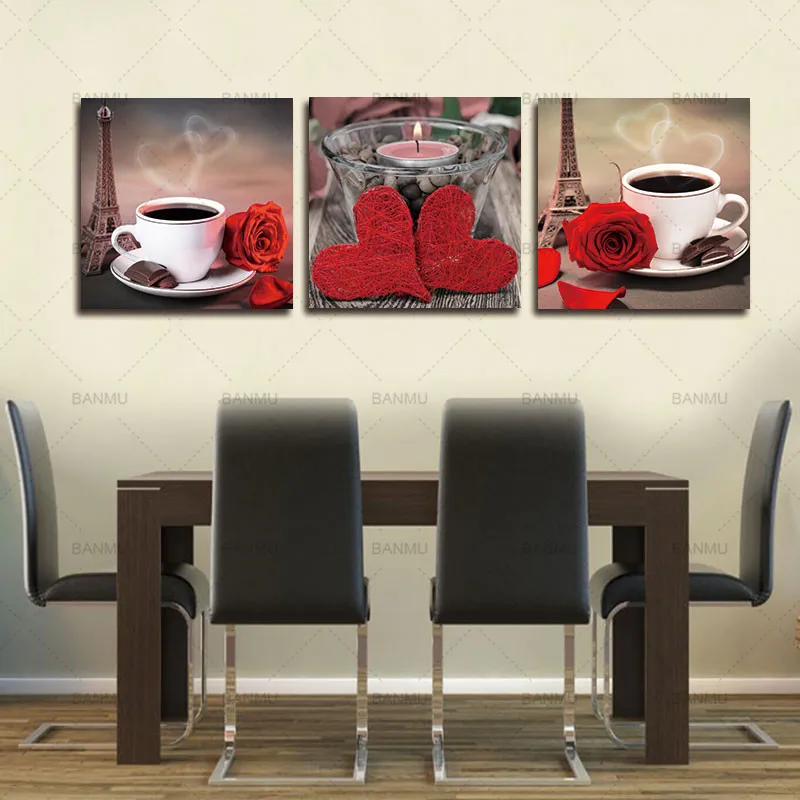 Drobės Tapybos 3 gabalas Modulinės Tapyba Ant Klasikinio Kavos Rožių Plakatus ir nuotraukas Virtuvės Sienos Meno Cuadros Dekoras