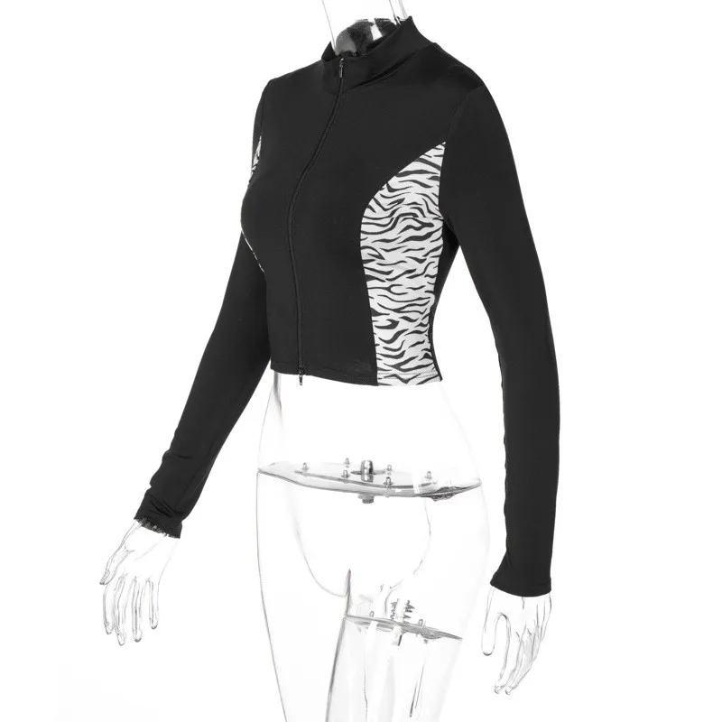 CHRONSTYLE Zebra Odos Spausdinti Black Kratinys T-shirts Streetwear Apkarpyti Viršūnes 2020 M Sexy Moterys ilgomis Rankovėmis Rudens Stiliaus Priekinis Zip Iki