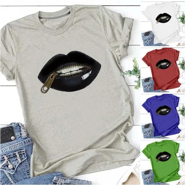 Moterų Harajuku Ullzang T-shirt Lūpų Užtrauktuką Grafinis Tshirts Vasara O-kaklo Marškinėlius Mados trumpomis Rankovėmis, Estetikos Viršūnių Tees Moteris
