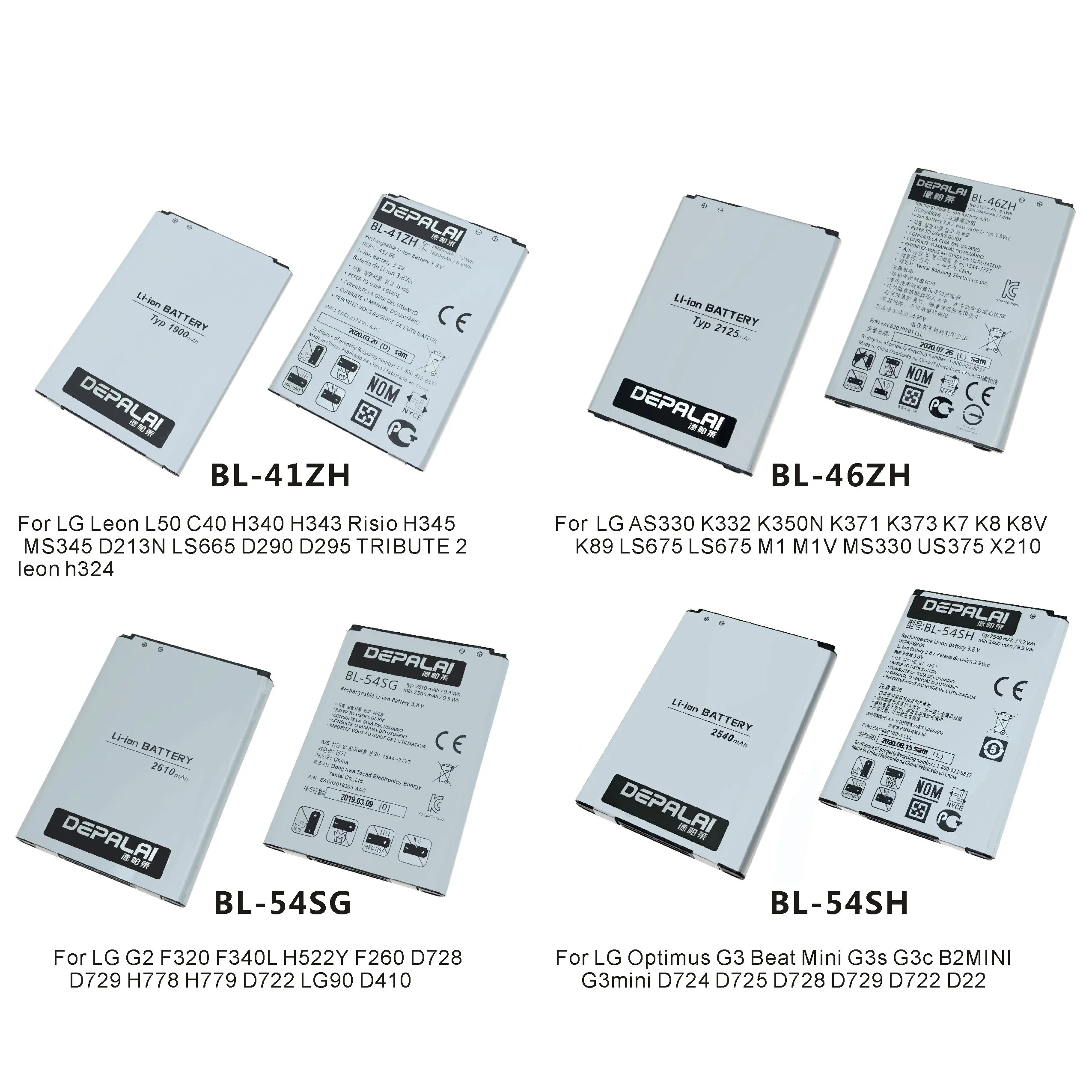 Telefono Baterija BL-41ZH BL-46ZH BL-54SG BL-54SH Už LG L50 C40 H345 AS330 K332 K350N G2 F320 Optimus G3 Įveikti Mini G3mini Baterijos