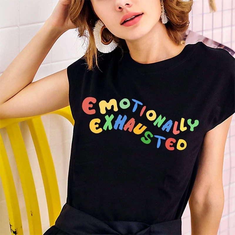 Emociškai Išsekęs Spausdinami T Marškinėliai Spalvinga Raidės T-Shirt Moterims 2019 M. Vasaros Viršūnes Street Wear Minkštos Medvilnės Harajuku Viršūnės