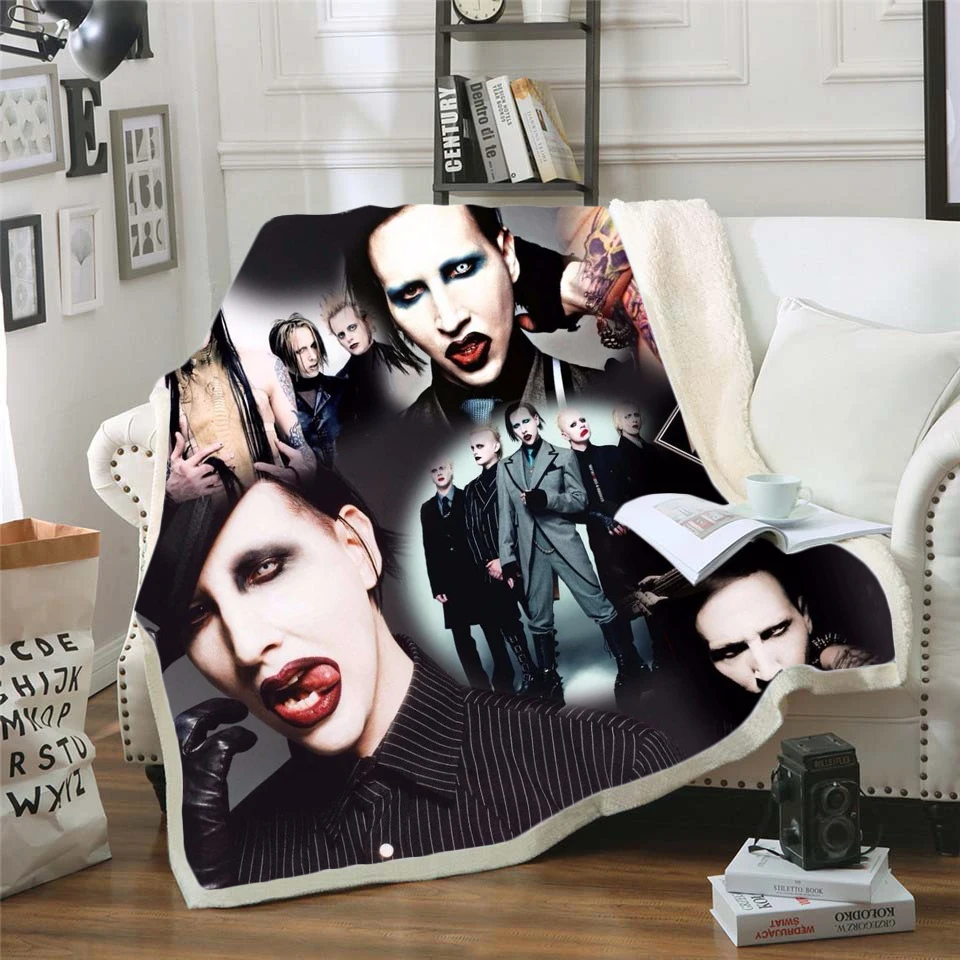 Dainininkas Marilyn Manson 3D Sherpa Antklodė Aksomo Pliušinis Mesti Vilnos Antklodė Lovatiesė Sofos, Sofos Antklodė Padengti Kelionės Patalynės 0006