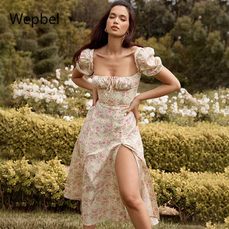 WEPBEL Horizontalus Kaklo Ilgai Seksualus Vasaros Suknelė Moterų Princesė Rankovėmis Suknelė Padalinta Kojų Ilgis Atsitiktinis Gėlių Spausdinti Suknelės