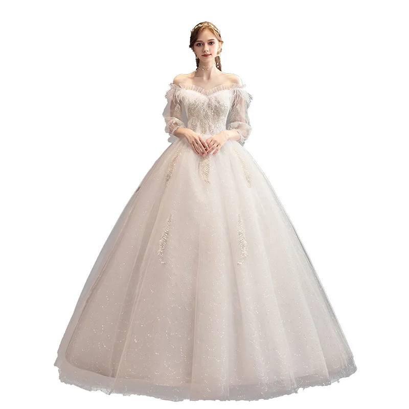 2021 Nauja Seksuali Valtis Kaklo, Ilgomis Rankovėmis Vestuvių Suknelė Elegantiškas Nuo Peties Siuvinėjimo Nėrinių Paprasta Nuotakos Suknelė Chalatas De Mariee