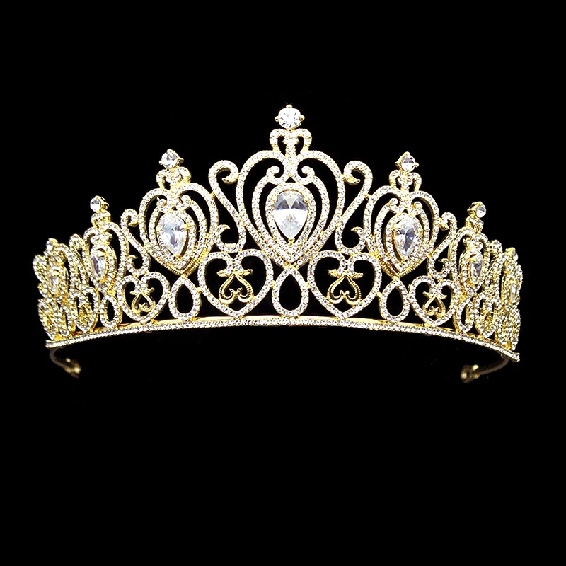 Konkurso Nuotakos Plaukų Aksesuarai Aukso Ravėjimas Tiara Kaspinai Princesė Diadem CZ Kristalų Širdies Ir Gėlių vainikėliu Nuotaka