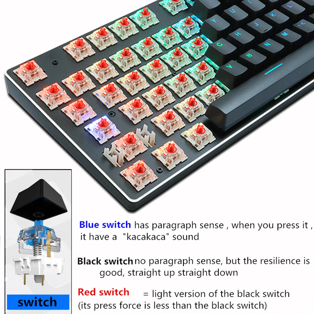Mechaninė Laidinė Klaviatūra Žaidimų Klaviatūra RGB Sumaišykite su Apšvietimu 87 104 Anti-šešėlius Mėlyna Raudona Jungiklis Žaidimas Nešiojamas KOMPIUTERIS rusijos, JAV