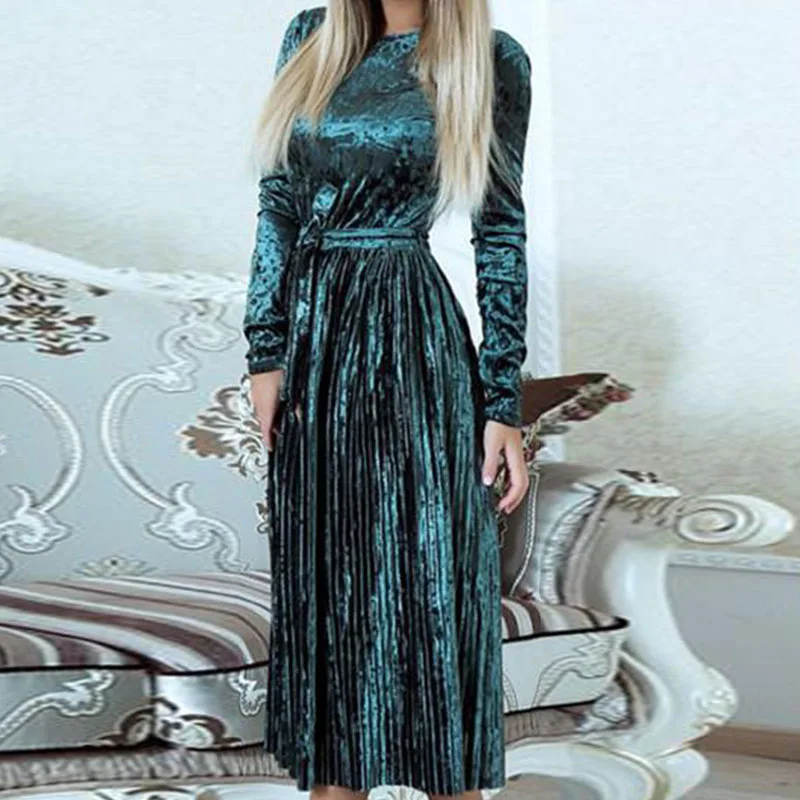 2020 Elegantiškas Aksomo, Plisuotos Moterys Šalis Dress Fashion Lace-Up Slim Fit Kietas Midi Suknelė Rudenį Atsitiktinis Ilgomis Rankovėmis Suknelę, Vestidos