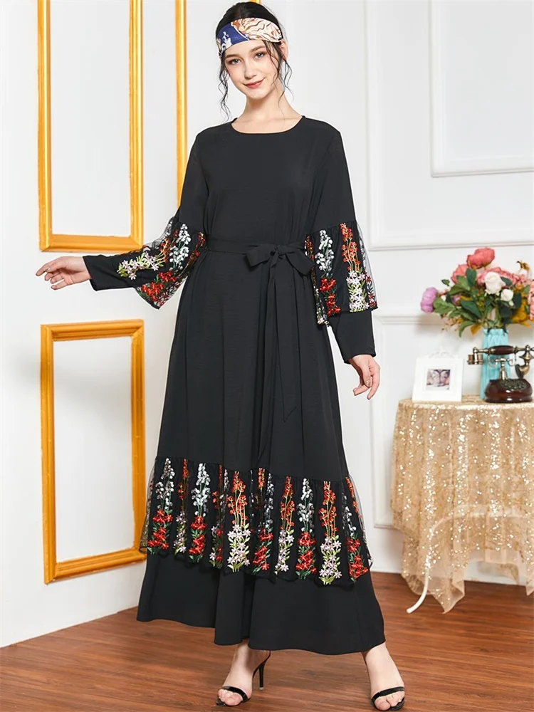 Siskakia Ilgomis Rankovėmis Suknelė Plius Dydis Juoda Nėrinių Aplikacija Kratinys Maxi Suknelės Elegantiškas Turkija, Arabų Musulmonų Tautinių Drabužių