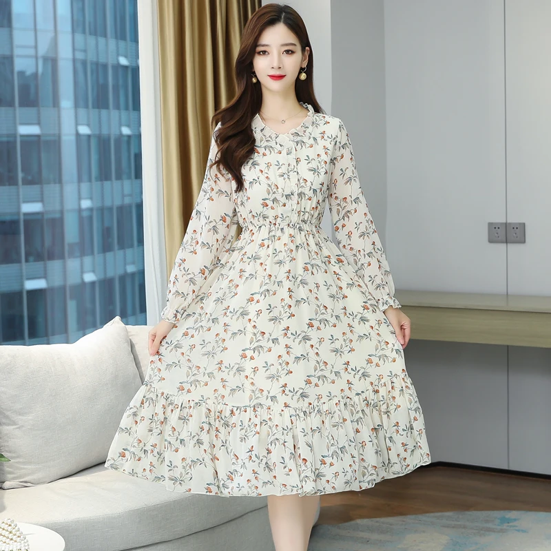 2021 M. Rudens, Žiemos, Derliaus Midi Suknelė Korėjos Plius Dydis Gėlių Šifono Boho Suknelė Elegantiškas Moterys Šalis Ilgomis Rankovėmis Atsitiktinis Vestidos