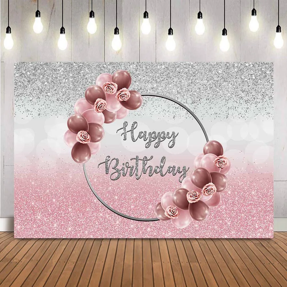 Su gimtadieniu, rožinės ir skiedra bokeh fone blizgučiai nuotrauka fone studija raudonos ir rožinės spalvos balionus, gimtadienio apdaila