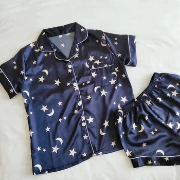 Šilko Pižama Moterims Pyjama Satino Femme Naktį Žvaigždės, Mėnulis Spausdinti Pižama Komplektas Šortai ir Viršų Moteriška Moterų Namų Kostiumas Sleepwear