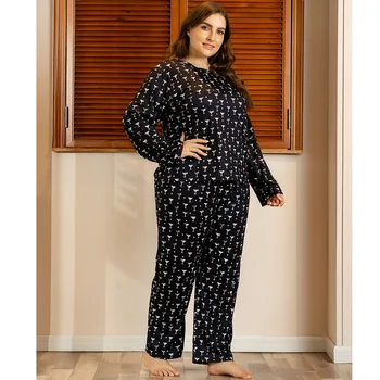 DOIB Plius Dydis Sleepwear Nustatyti Moterų Black Print T-Marškinėliai, Kelnės Didelio Dydžio Homewear Dviejų dalių Kostiumas naktiniai drabužiai Sleepwear Pižama