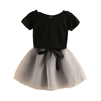 2020 Metų Vasaros 2-10 Metų Vaikams Šalis Elegantiškas Princesė Vientisos Spalvos Lankas T-Shirt+Nėrinių Sijonas 2 Gabalėlis Nėrinių Tinkleliu Baby Girl Dress Rinkiniai