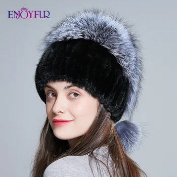 ENJOYFUR Moterų kailio kepurę žiemai originali audinės kailio skullies su silver fox fur pp pp top beanies karšto pardavimo Rusijos kailio kepurė