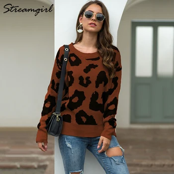 Streamgirl Leopardas Spausdinti Džemperis Moterims Žiemos Laisvas Megztinis Feminino Moteris Megztiniai Ponios Leopard 