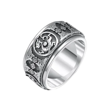 S990 gryno sidabro žiedas žmogui keturi žvėrys sėkmės žiedas green dragon white tiger suzaku dievas vėžlys ruožtu Tailando sidabro vyras žiedas