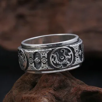 S990 gryno sidabro žiedas žmogui keturi žvėrys sėkmės žiedas green dragon white tiger suzaku dievas vėžlys ruožtu Tailando sidabro vyras žiedas