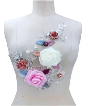 3D Įvairiaspalvis trimatis gėlių peal Cirkonio nėrinių aplikacijos, apdailos pleistrai 31*22cm vestuvių suknelė priedų