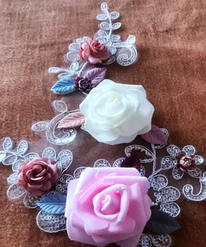 3D Įvairiaspalvis trimatis gėlių peal Cirkonio nėrinių aplikacijos, apdailos pleistrai 31*22cm vestuvių suknelė priedų