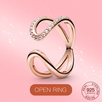 Nekilnojamojo 925 Sterlingas Sidabro žiedas Begalybės simbolis Rožė aukso žiedas Putojantis CZ moterų mados juvelyrikos žiedas dovana