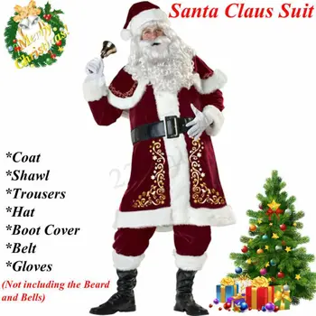 Suaugusiųjų Kalėdų Kostiumas 8PC Aksomo Deluxe Santa Claus Tėvas Cosplay Kostiumas Fancy Dress Pilno Kalėdų Cosplay Apranga