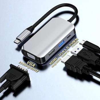 Naujas USB C Hub 4 in 1, USB, C su USB 3.0 60W PD VGA 4K HDMI Adapteris 5Gbps 1080P VGA Maitinimo Pristatymo Adapterį, KOMPIUTERIO, Telefono, Nešiojamojo kompiuterio