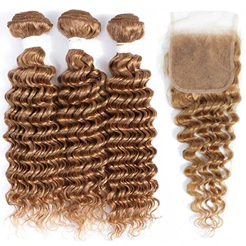 Giliai Banga Plaukai Ryšulius Su Uždarymo 4x4 Brazilijos Šviesiai Rudos Šviesūs Žmogaus Plaukų 3 Ryšulius Su Uždarymo KEMY Remy Hair Extension