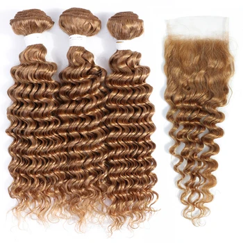 Giliai Banga Plaukai Ryšulius Su Uždarymo 4x4 Brazilijos Šviesiai Rudos Šviesūs Žmogaus Plaukų 3 Ryšulius Su Uždarymo KEMY Remy Hair Extension