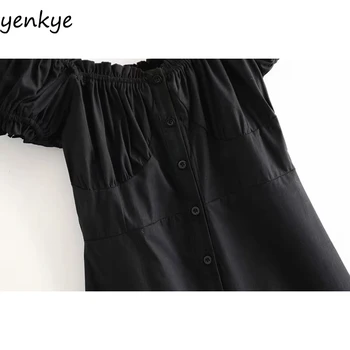 Vintage Black-line Mini Suknelė Sexy Moterys Vasarą vestidos Priekiniai Mygtuką V-Kaklo trumpomis Rankovėmis Suknelė DDOM9184