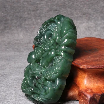 Natūrali Tamsiai Žalia HeTian Jade Karoliai Vyrų Nacionalinės Stiliaus Rankų Darbas Raižyti Dragon Pasisekė Amuletas Pakabukas Fine Jewelry
