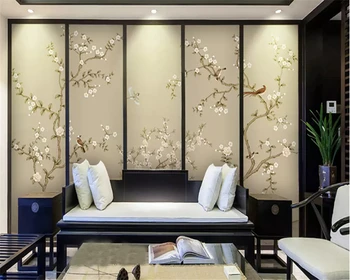 Beibehang Pasirinktinis dydis Modernus minimalistinio rankomis dažyti kruopščiai gėlių ir paukščių Kinijos TELEVIZIJA fone de papel parede tapetai