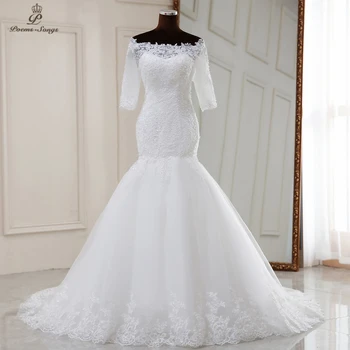 Realios foto Elegantiškas Pusę rankovės undinė vestuvių dress2020 santuokos suknelė chalatas de mariee vestidos de novia sereia vestuvių suknelės