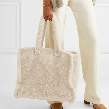 Atsitiktinis ėriukų vilna moterys didelis entire dizainerio rankinės prabanga dirbtiniais kailiais pečių maišą ponios didelės talpos kibirai piniginės žiemos 2020 m.