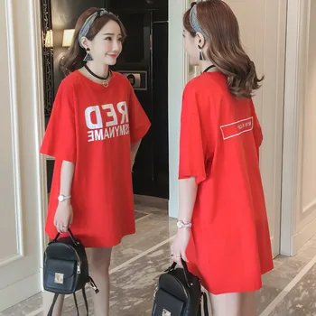 #2354 Medvilnės trumpomis Rankovėmis T-shirt, Suknelė Moteris Plius Dydžio Raudonos O-neck Tee Marškinėliai Mini Suknelės Ponios Laiškas Išspausdintas Prarasti Suknelė